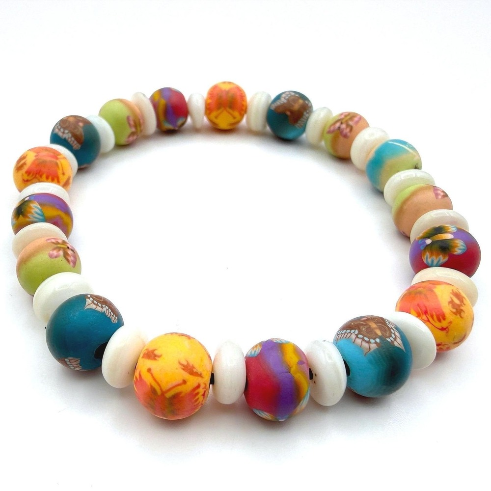 Vintage Colorful Polymer Clay Floral Beaded Stretch Bracelet Beach Boho 90s Y2K